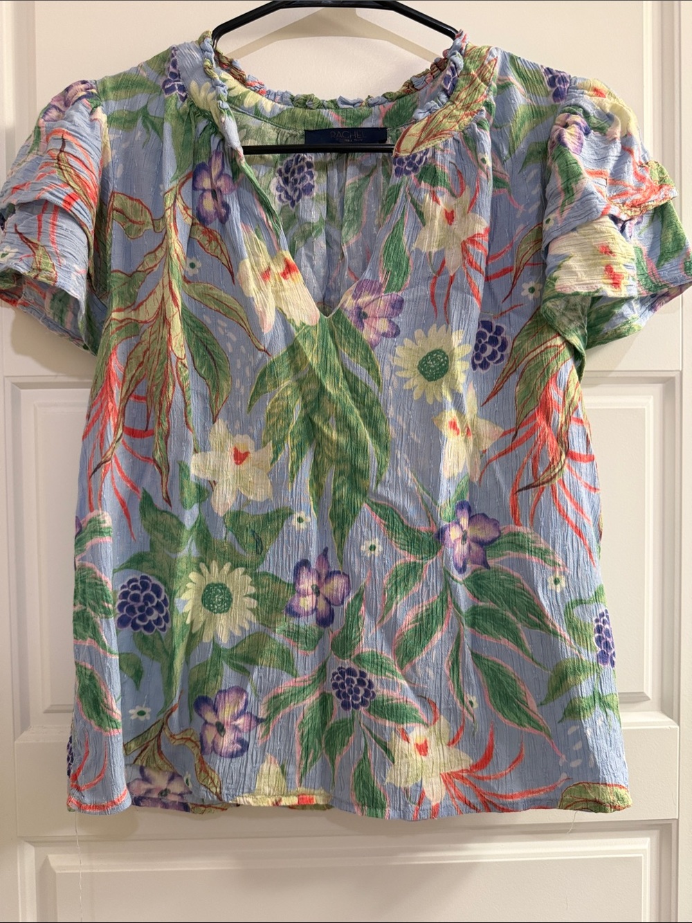 Floral V-Neck Short Sleeve Top - Light Blue